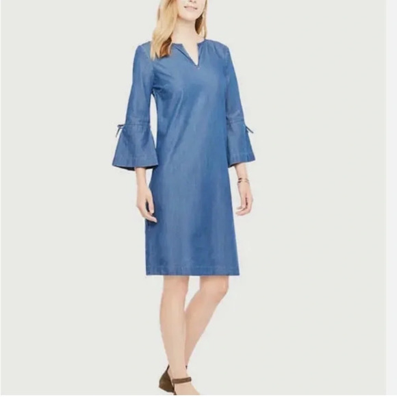 Ann Taylor Chambray Bell Sleeve Dress, 100% Cotton, Size 0 - Picture 1 of 14